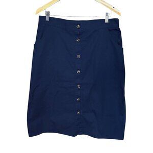 Button Front Midi Skirt Size XL Navy Blue Cotton A-Line Elastic Waist Nautical
